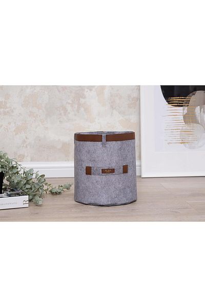 devigo 25X23 cm Gray Leather Striped Round Basket Organizer Box - Multi-Purpose Organizer