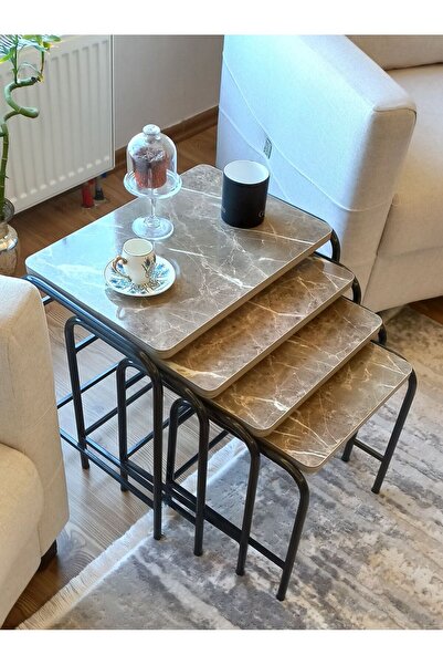 HOMEBELLA 4'lü Zigon Sehpa Metal Statik Siyah Ayaklı Kahve Granit Üreticiden ...