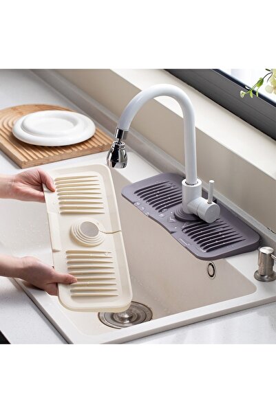 Bayev Cream 2 Pieces Elastic Faucet Mat Water Holder Organizer Non-Slip Base Organizer Kitchen Bathroom Sink