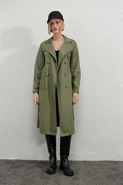 hazelin Women's Çağla Double Breasted Collar Belted Unlined Seasonal Comfortable Trench Coat Hzl22s-bd158531