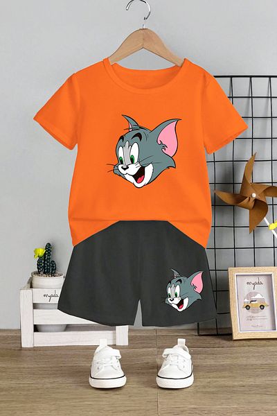 MYADA Crew Neck Elastic Shorts Tom Cartoon Printed Children's Set - 12438