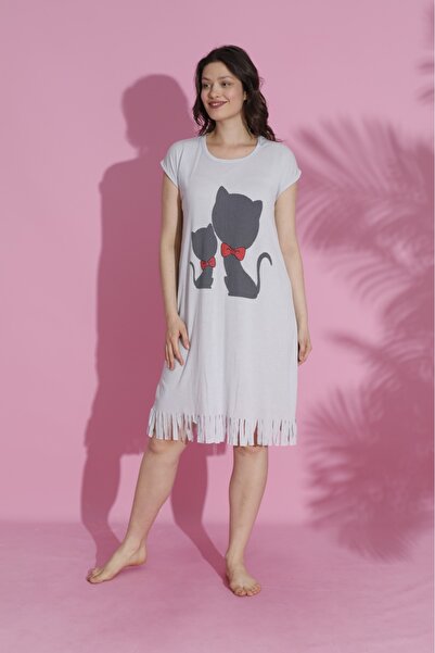 ZBTEKS Kedicik Desenli Püsküllü Viskon Penye Günlük Elbise