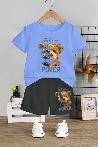 MYADA Set 2 piese pentru copii Believe Power Robot Bear imprimat - Decolteu, pantaloni scurti elastici, 12687