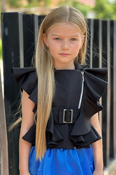 Riccotarz Дівчачий комплект з асиметричною блузою та спідницею з поясом, синій