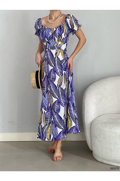 REELMODA Rochie de vară cu mini imprimeu pentru femei - mânecă scurtă, șnur în față, talie cu curea, cravată la spate