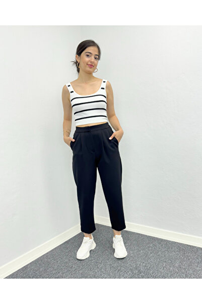 deqfashion Duoble Crepe Ankle Length Trousers - Back Belt Elastic