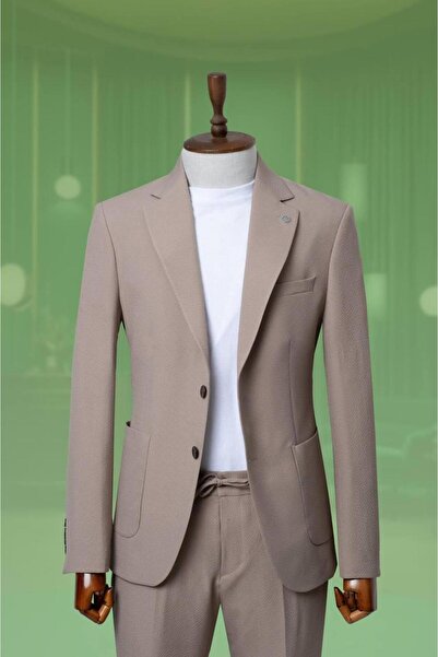 WENNO بدلة من قماش الغوفري برباط باللون البيج