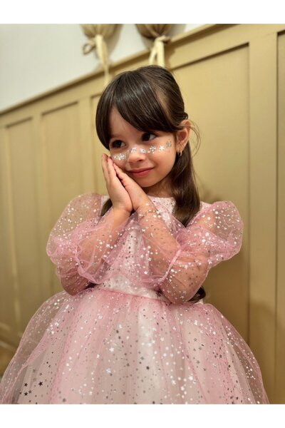 Pop Yıldız Baskılı Pırıltılı Pembe Tül Elbise Toka Set