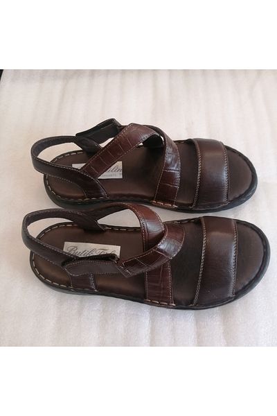 Butik Tülin Unisex Genuine Calf Leather - Brown Crocodile, Cross Band, Velcro, Soft Polyurethane Sole Sandals