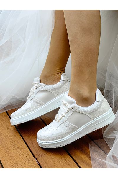 Ayakkabı Tutkusu Stilo ® Glittering Pearlescent Bridal Shoes - Flat Sole Sports Ivory