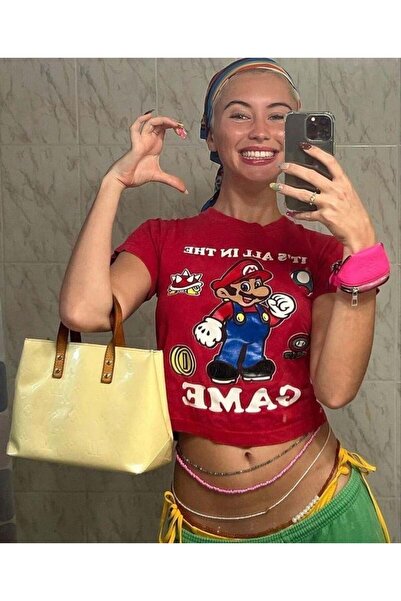 Toum Mario Printed Red Crop Blouse - Dompuleri Moda