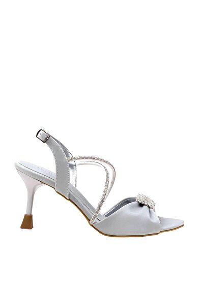 bescobel Women's Tetma Gray Silk MAlzeme Stone Detailed Evening Dress Shoes 8 cm 916