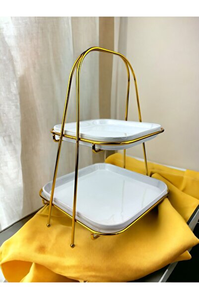 Cyz Home Beyaz Porselen Gold Metal Detaylı  İkikat Dörtgen Söz Nişan Ve Kız İ...