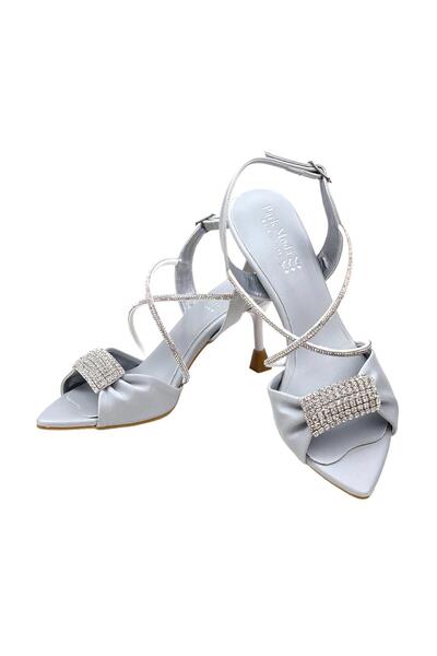 bescobel Women's Tetma Gray Silk MAlzeme Stone Detailed Evening Dress Shoes 8 cm 916