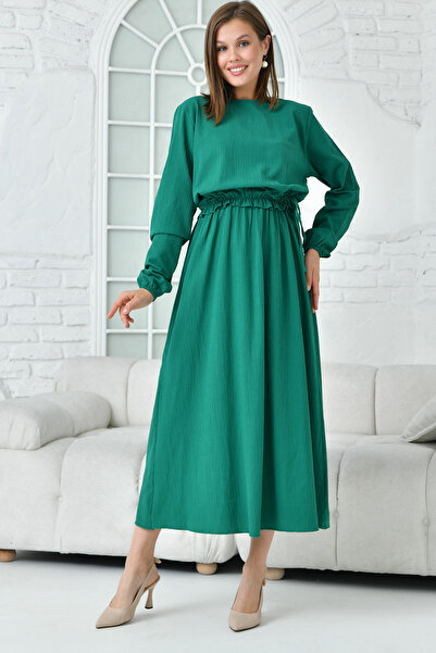 QLAY Rochie verde Seersucker pentru femei cu maneca lunga - decolteu