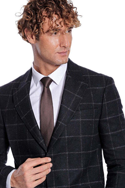 Wessi Kare Desen Yün Siyah Erkek Ceket - Wessi