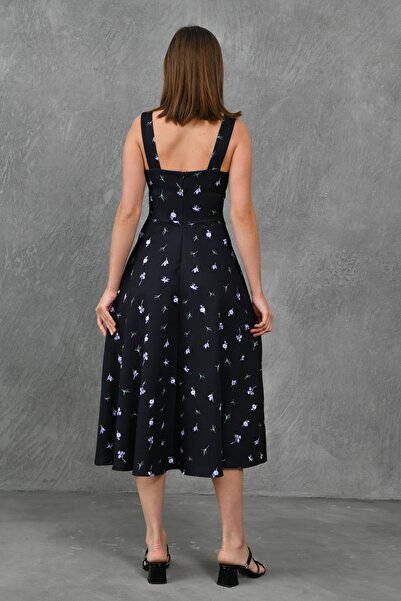 lovebox Rozšířený výřez čtvercový límec Midi Black Floral Atlas Večerní šaty - Homecoming Dress 151