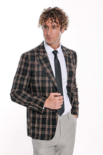 Wessi Ekose Desen Slim Fit Siyah Erkek Ceket - Wessi