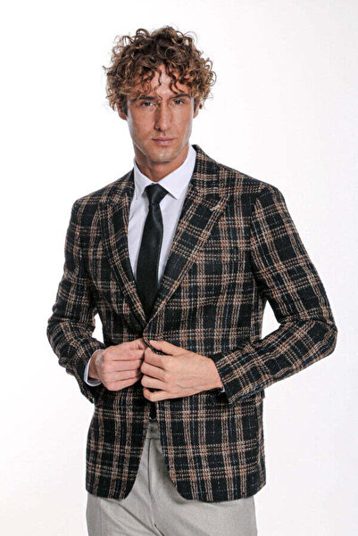 Wessi Ekose Desen Slim Fit Siyah Erkek Ceket - Wessi
