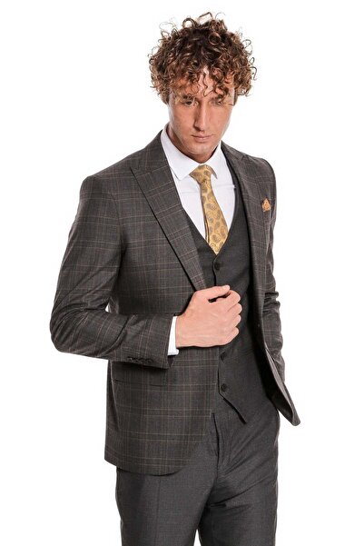 Wessi Ekose Ceketli Slim Fit Füme Erkek Takım Elbise - Wessi