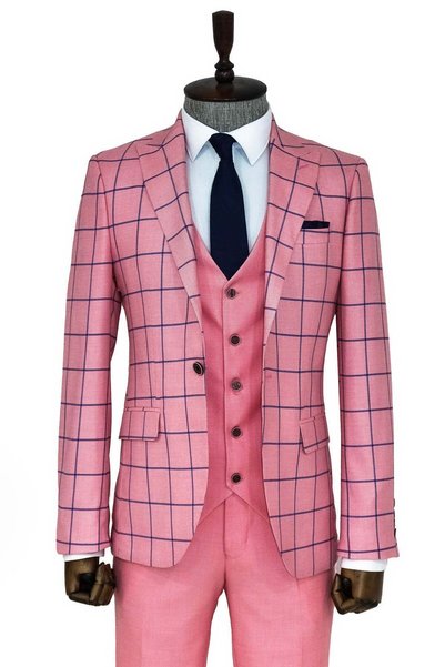 Wessi Ekose Ceketli Slim Fit Pembe Erkek Kombinli Takım Elbise - Wessi