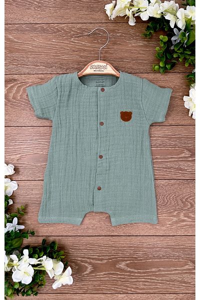 PATSAN Suede Bear Patterned 100% Cotton Muslin Baby Onesie - Summer