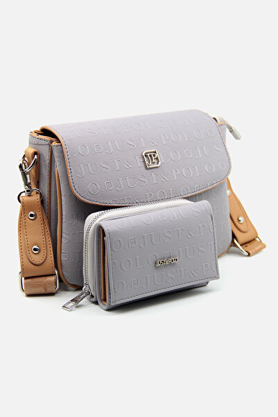 Just Polo حقيبة كتف ومحفظة نسائية باللون الرمادي مكونة من 4 أقسام بحزام عمودي...