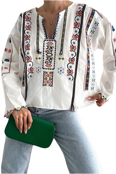 Cassime Vintage Λευκό Λινό-Βαμβακερό Μείγμα - Ethnic Κεντημένη Γυναικεία Μπλούζα