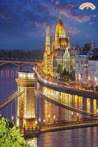 Teona Ahşap Alacakaranlıkta Budapeşte manzarası Çift Katlı Çerçeveli Asılabil...