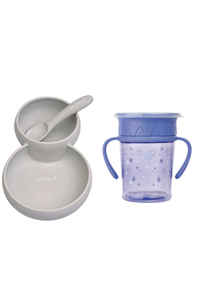 saro Silikon İkiz Tabak, Kaşık seti ve Alıştırma Bardağı Gri-Mor