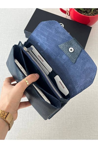 DERKON Navy Blue Genuine Leather Wallet - Natural Model, with Phone Compartment