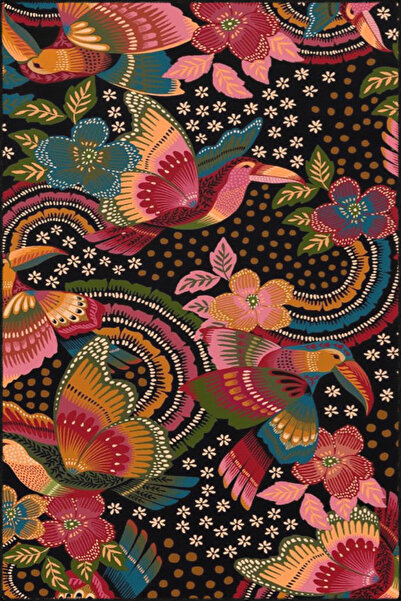 Rugs Modern Halı Kuşlu Botanik Kırmızı Çiçek Temalı Desenli Dokuma Taban ve D...