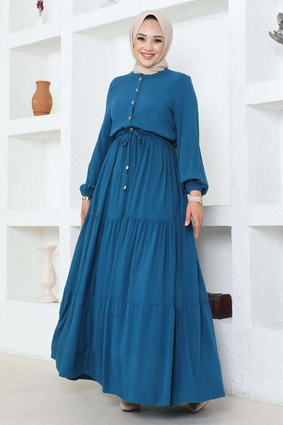 SGS Petrol Color Viscose Dress - Lace-up on the Waist