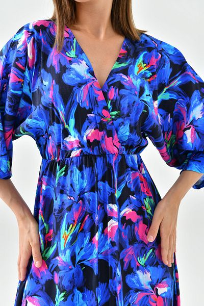 lovebox Rochie midi cu decolteu dublu cu imprimeu floral albastru - Maneca liliac si talie elastica 3154