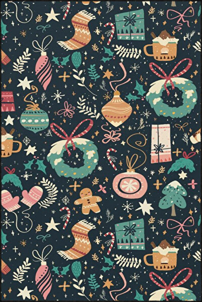 Rugs Modern Halı Botanik Siyah Temalı Yılbaşı Süslemeli Dokuma Taban ve Dekor...