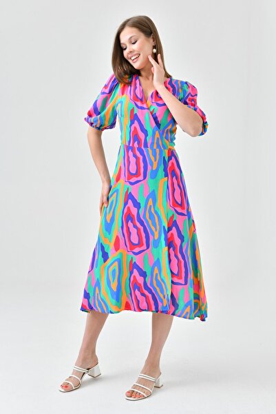 Secret Passion Lingerie Colorful Midi Dress - Flexible Viscose, Belted Back, Double Breasted Collar, Wrap Cut 100