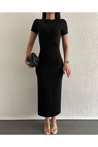 HARMONY GLOBAL Μαύρο Μίντι Φόρεμα - Κοντό μανίκι, Crew Neck, Osho Fabric 167