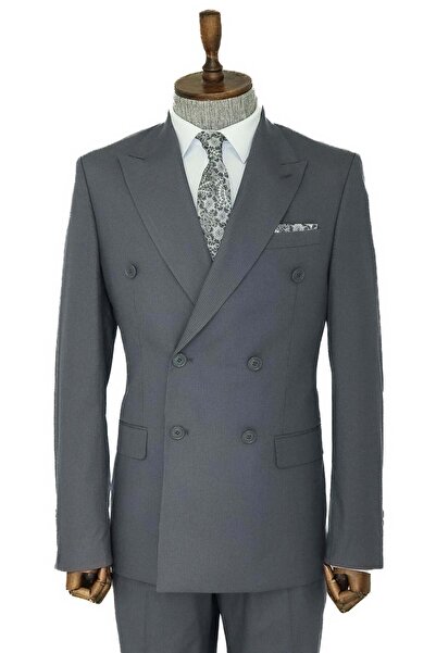 Wessi Geniş Sivri Yakalı Çizgili Desenli Slim Fit Gri Erkek Kruvaze Takım Elbise - Wessi