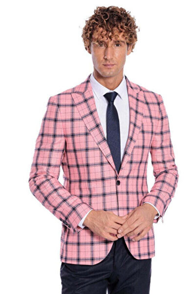 Wessi Ekose Desenli Slim Fit Pembe Erkek Ceket - Wessi