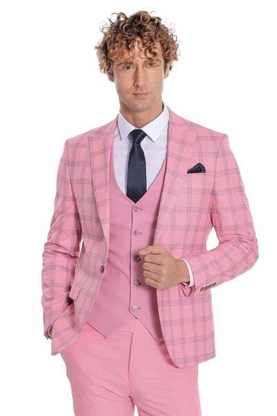 Wessi Ekose Ceketli Desenli Slim Fit Pembe Erkek Takım Elbise - Wessi