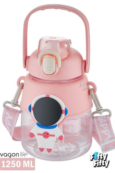 Vagonlife 1250 ML Large Size Water Bottle with Silicone Straw - with Strap and Handle, Sticker Gift - FFVGN627