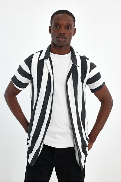 CLIPMAN Men's Slim Fit Striped Cotton Shirt - Apache Collar, Short Sleeve, Anthracite White