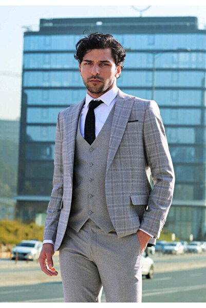 Wessi Açık Gri Ekose Ceketli Slim Fit Takım Elbise - Wessi