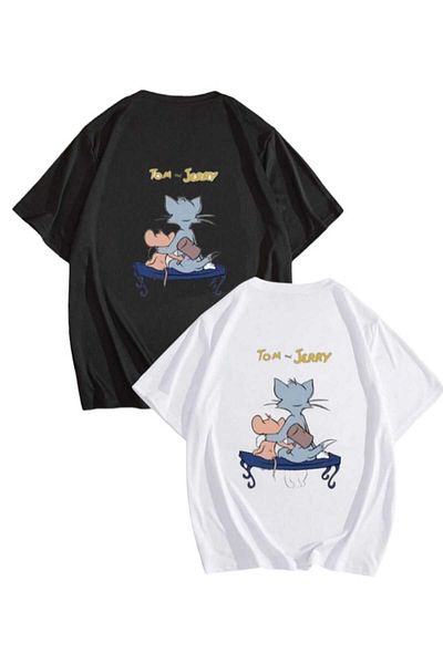 PERISENSE Tricou supradimensionat unisex cu imprimeu Tom și Jerry 10 - Set de 2 combinații de cuplu