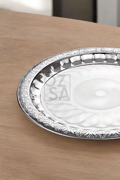 ÖzSa Home 40cm Coffee Color Stainless Steel Patterned Round Tea Tray