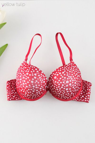 Yellow Tulip Red Floral Pattern Push Up Bra - Double Support