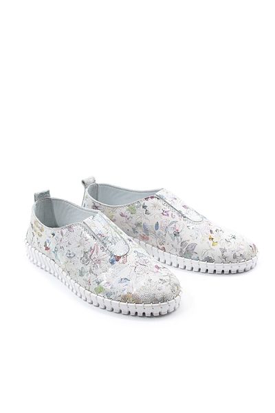 Ayakkabıhane Pantofi casual de damă din piele naturală cu model floral alb - AH 08934261211