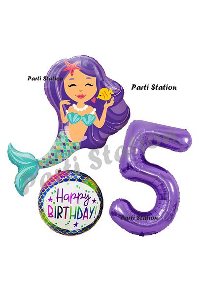 Parti Station 5 Year Old Mermaid - Mermaid Concept Balloon Set and Purple Number Birthday Party Balloon