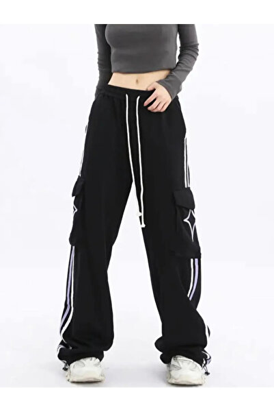 POLYMOOD Pantaloni negri în stil Harajuku cu buzunare cargo cu dungi albe