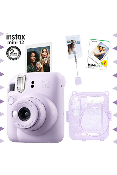Fujifilm Instax mini 12 Lila Fotoğraf Makinesi-20'li Film-Kıskaçlı Resim Standı ve Simli Pleksi Kılıf Seti